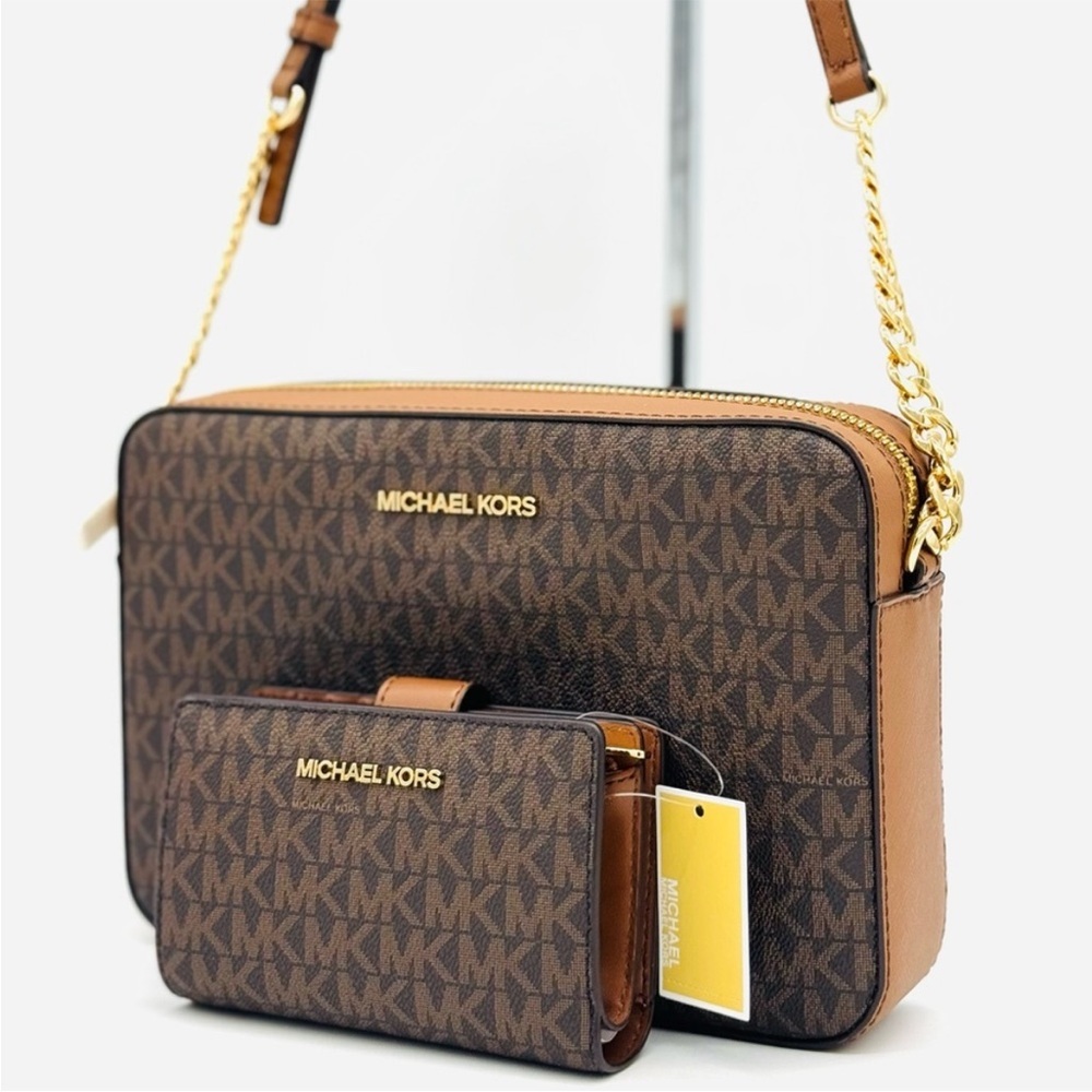 Michael Kors LG EW Crossbody Bag & Zip Chain Bifold Wallet Matching Set Brown